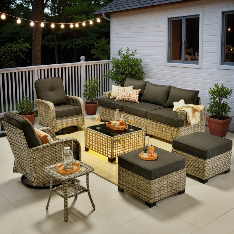 Wahkon Wicker/Rattan 5 - Person Seating Group With Swivel Chairs and Cushions, Black