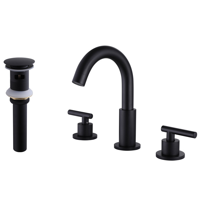 Solid Brass Two Handle Widespread Bathroom Sink Faucet With Drain Assembly, Matte Black
