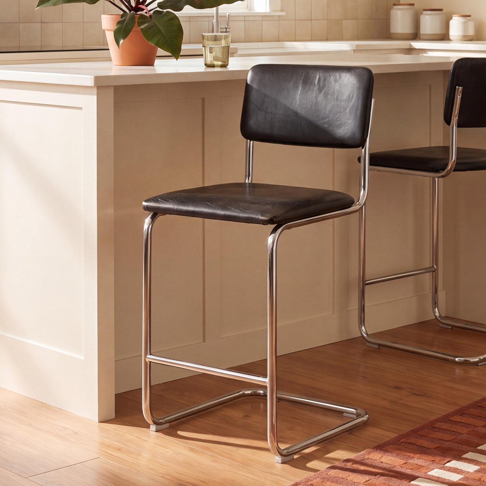 Walsh Bar and Counter Stool, Midnight Black Vegan Leather, Counter Stool (24” Seat Height)