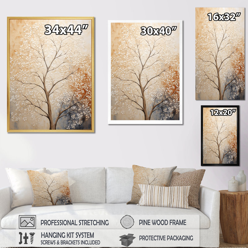" Beige Trees Oak Solitude II ", 40" H x 30" W x 1.5" D, Wrapped Canvas