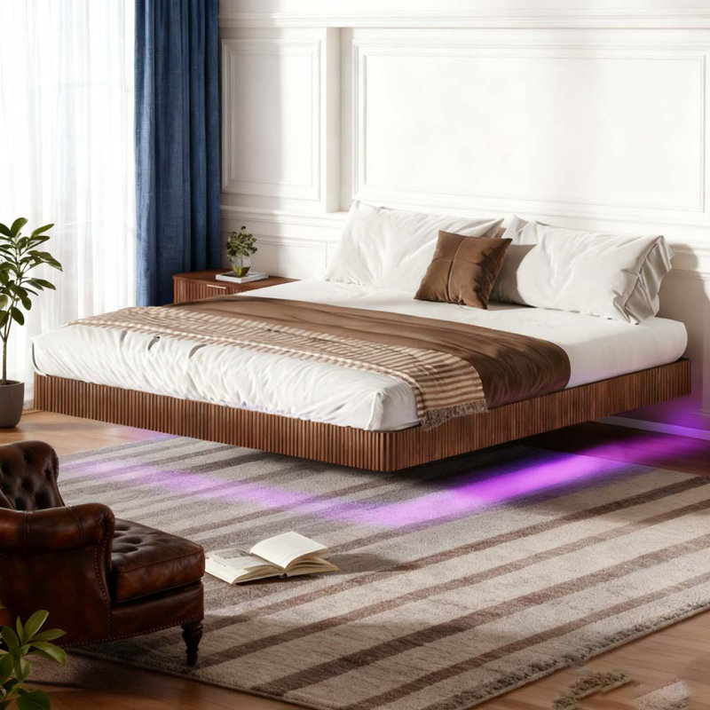 Grand cadre de lit flottant avec lumières DEL, Noyer, Grand