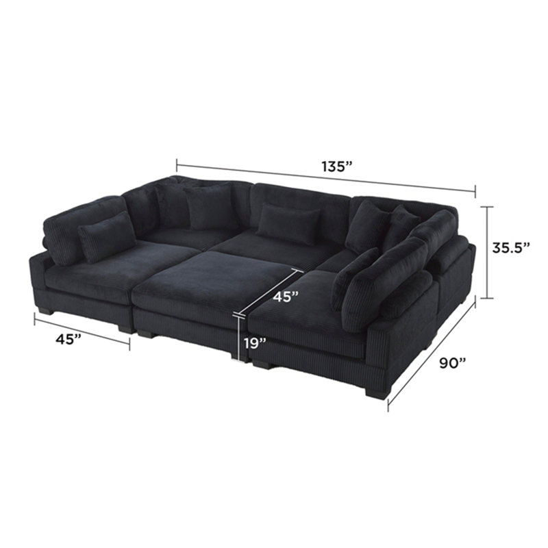 Canapé modulaire Bentley de style moderne en velours côtelé et bois, Noir