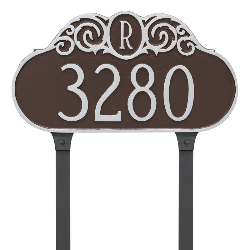 Enseigne d’adresse pour gazon à 2 lignes monogramme, Chocolat / Argent, Oui