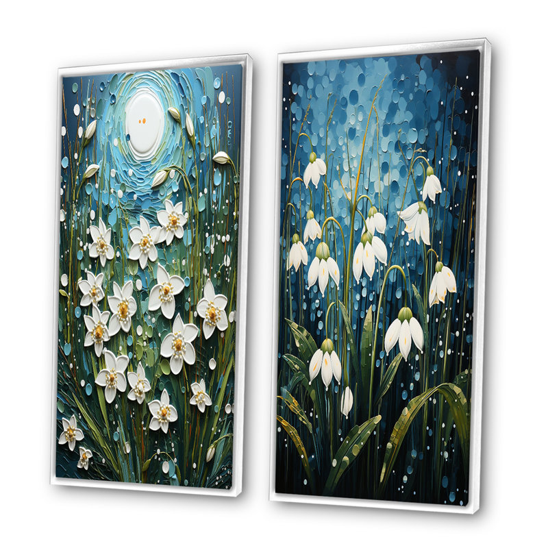 «White Snowdrops Field Pointillism», 2 pièces, Cadre blanc, H 24 po x l 20 po