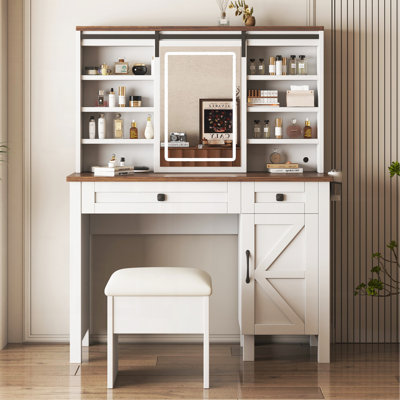 Meuble-lavabo de ferme avec miroir coulissant, lumières et porte-séchoir à cheveux