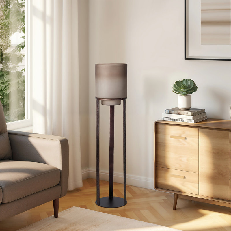 Modern Metal and Glass Hurricane Lantern with Cylindrical Iron Frame and Decorative Textured Base for a Sleek Glam Accent Display