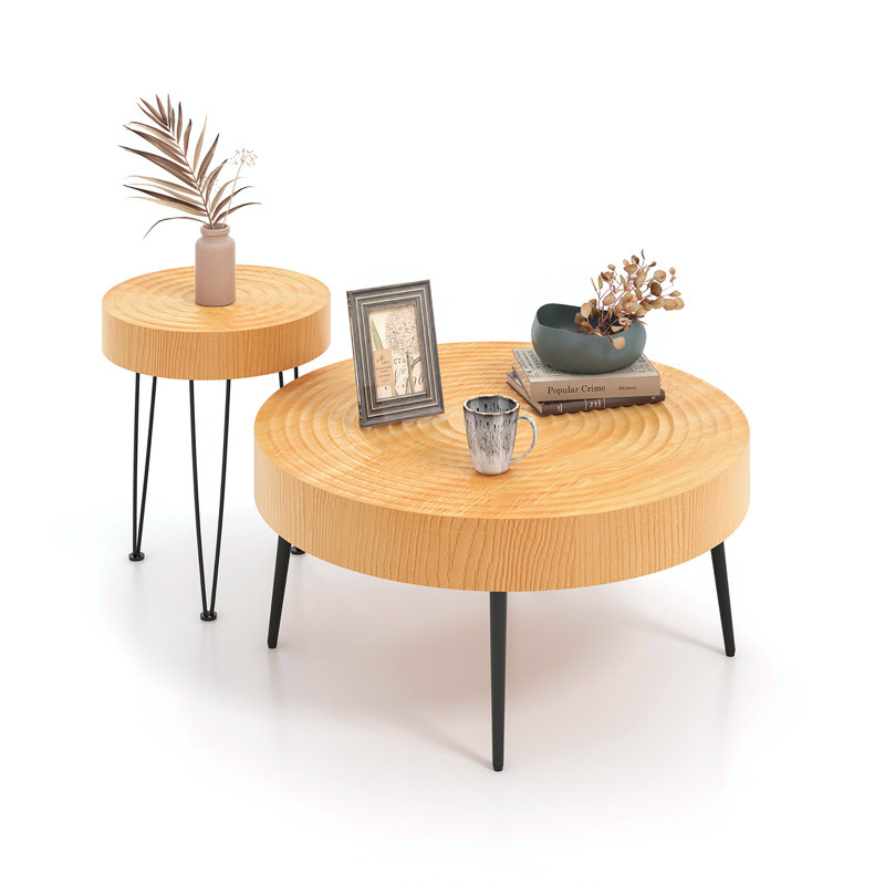 Round Natural Wood and Metal Nesting Coffee Table Set