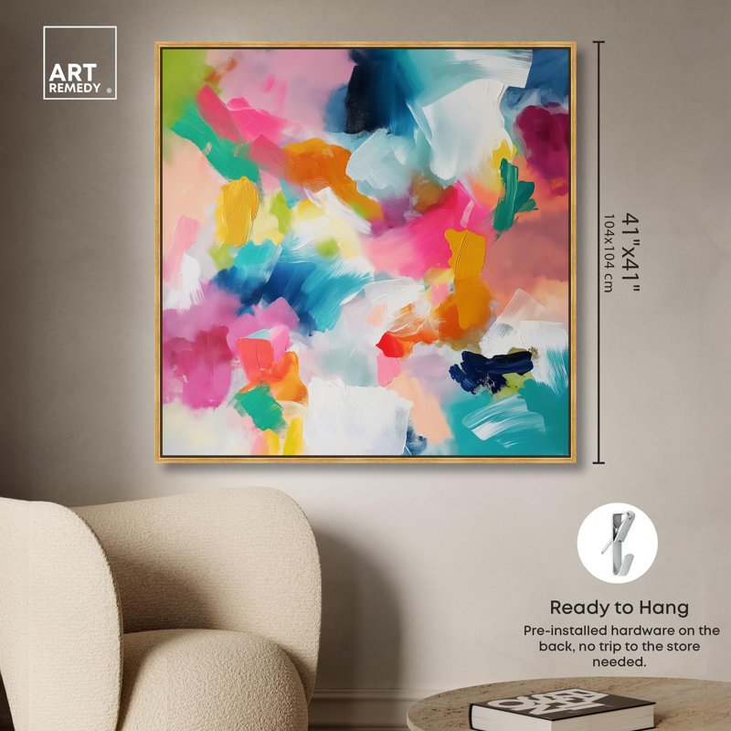 Gossamer Colors Canvas Modern Colorful Print by Art Remedy, 41" H x 41" W x 1.8" D, Gold Floater Framed