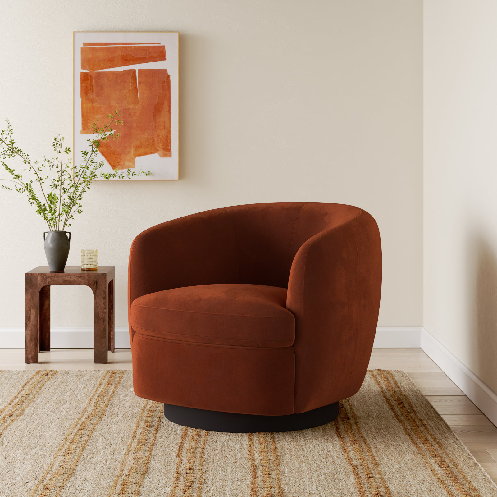 Marcy Upholstered Swivel Barrel Chair, Bella Burnt Orange Performance Velvet/Black