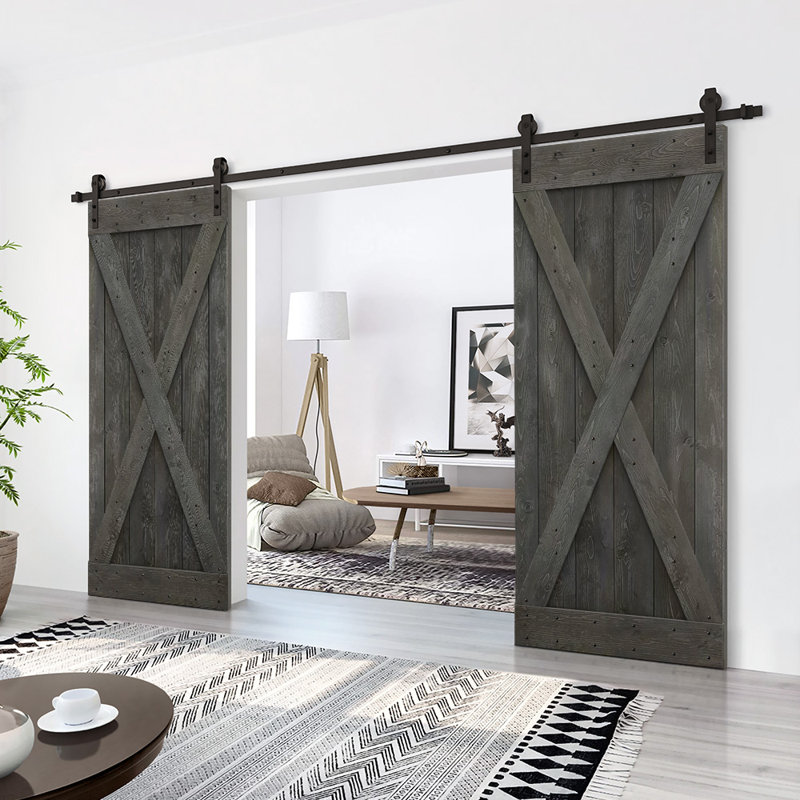 Porte de grange en bois massif lambrissé et métal, Gris carbone, 68 po x 84 po