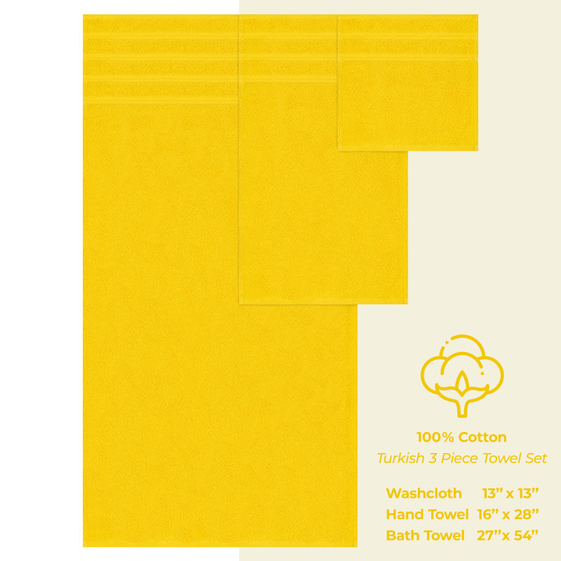 Ensemble de serviettes de bain turque 100% coton 3 pièces, collection super douce et absorbante Darcelle, Jaune citron