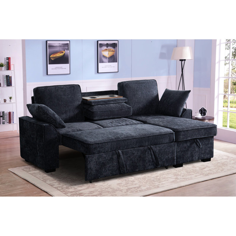 Canapé modulaire avec plateau amovible et porte-gobelets, méridienne convertible avec rangement modulaire, support en chenille 3 places bleu foncé intégré, rangement dissimulé, idéal pour les pizzas