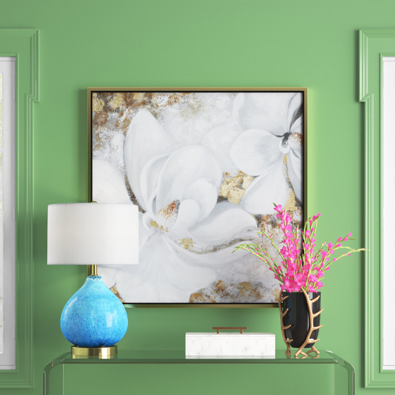 Art mural encadré floral fait à la main blanc avec cadre doré 40 po x 2 po x 40 po