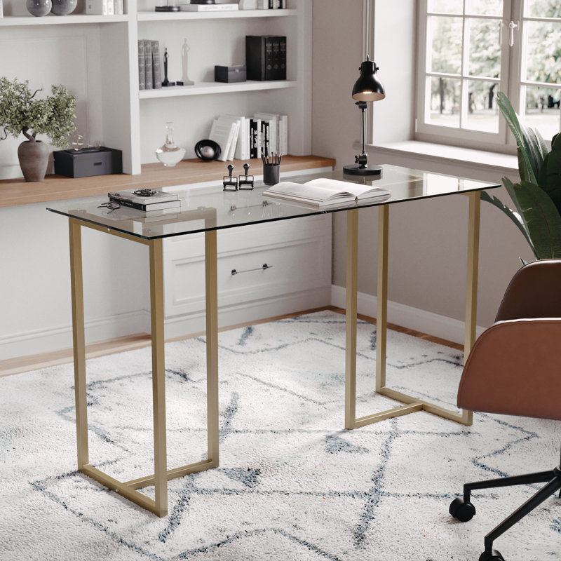 Clear Glass Top Desk with Polished Brass Frame for Home Office