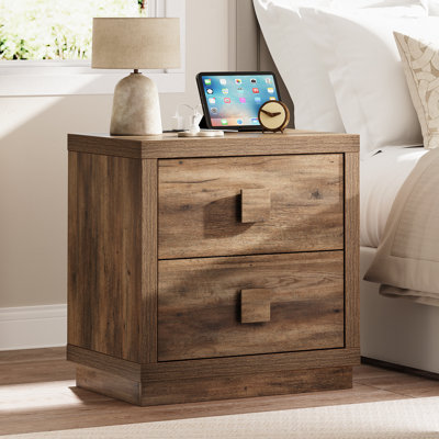 23.4 Inch Large Nightstand With Charger Station And 2 Drawers