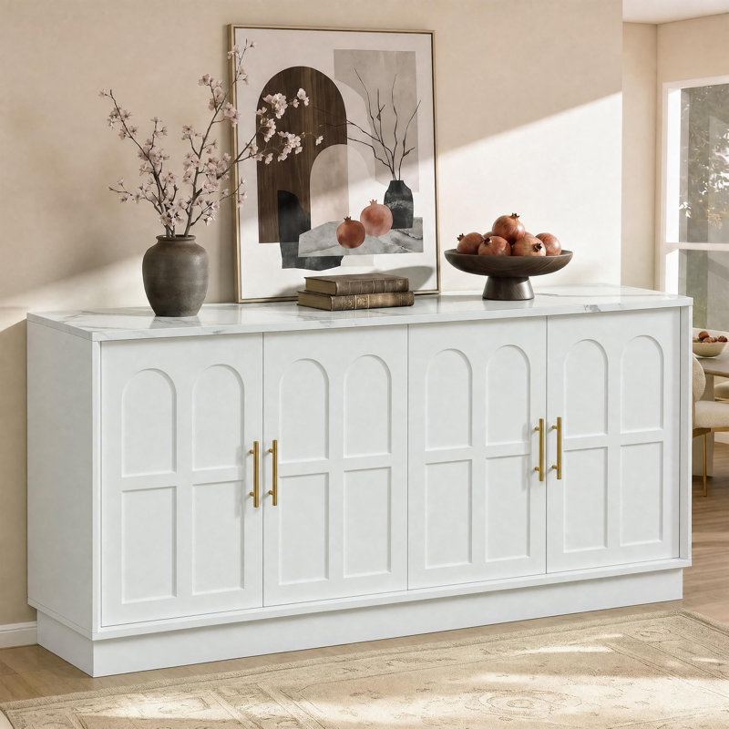 Buffet moderne Archway 66,5" en bois avec portes cintrées, idéal pour la salle à manger et le salon, fini marbre blanc.