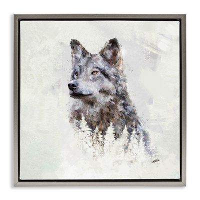 «Rustic Wolf & Trees», art mural encadré flottant doré par Sally Kaye Barlow / Makaio Design