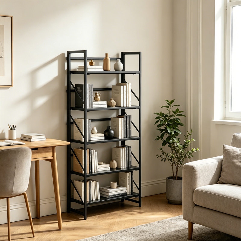 Bibliothèque pliante, 5 niveaux, bibliothèque industrielle en bois pliable avec structure en métal, sans assemblage, Noir