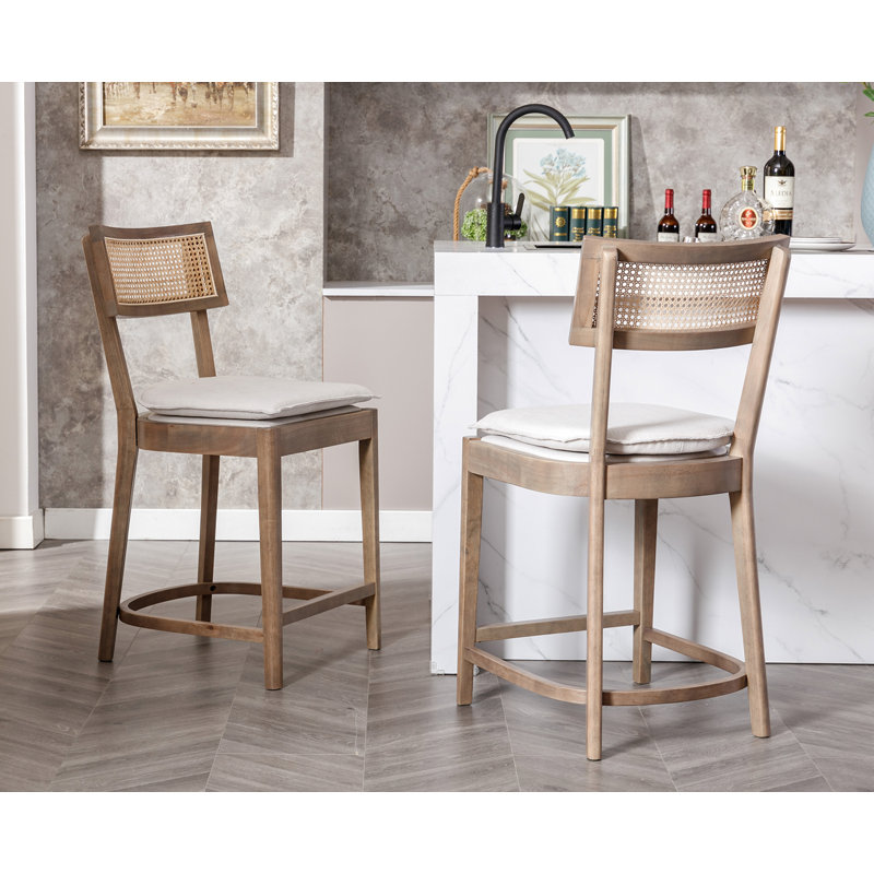 Alyssya Upholstered Counter Stool with Solid Wood Frame, Light Brown, Light Beige