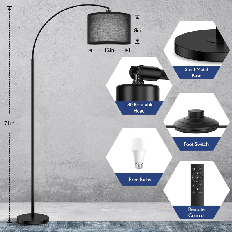 Hicksley 70.98'' Black Arched Floor Lamp, Black