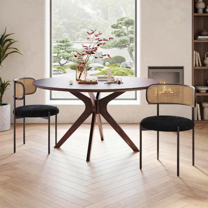 Chaises de salle à manger en rotin avec sièges rembourrés, chaises d'appoint sans accoudoirs de style Mid-Century avec structure en métal (ensemble de 2), noir