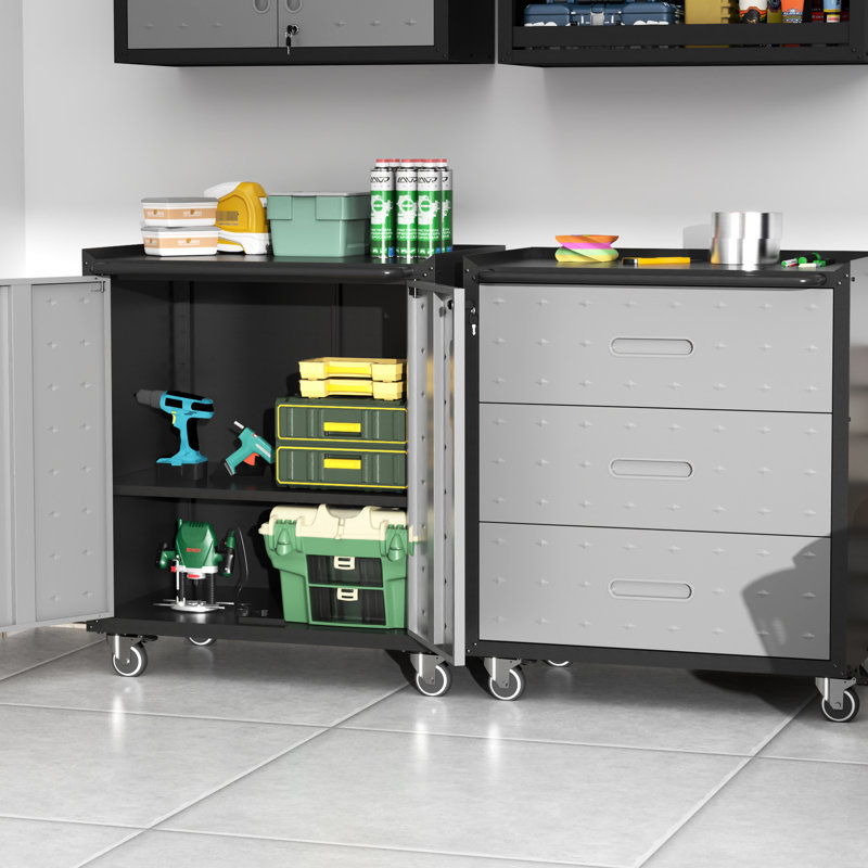Armoire de rangement en métal avec roues rotatives - pour différents espaces. , Réglable, eau. Noir et gris Rouleau polyvalent de l 29,76 po x P 16,54 po et H 34,81 po