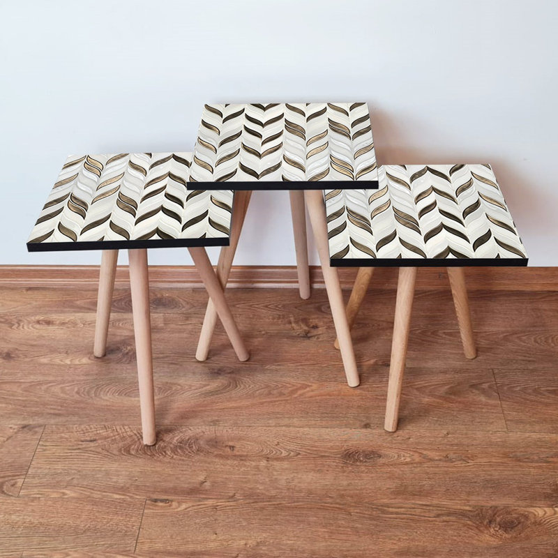 Modern Chevron Nesting Table Set (3 Pieces), White & Bronze, 13.8 x 20.5 x 13.8 inches - 100% MDF with Beech Wood Legs | Stylish & Functional Design for Living Room, Home Office, or Study Spaces