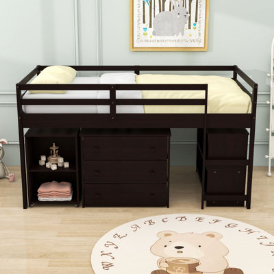 Iago Kids Low Twin 3 Drawers Wood Loft Bed with Rolling Portable Desk and Shelves