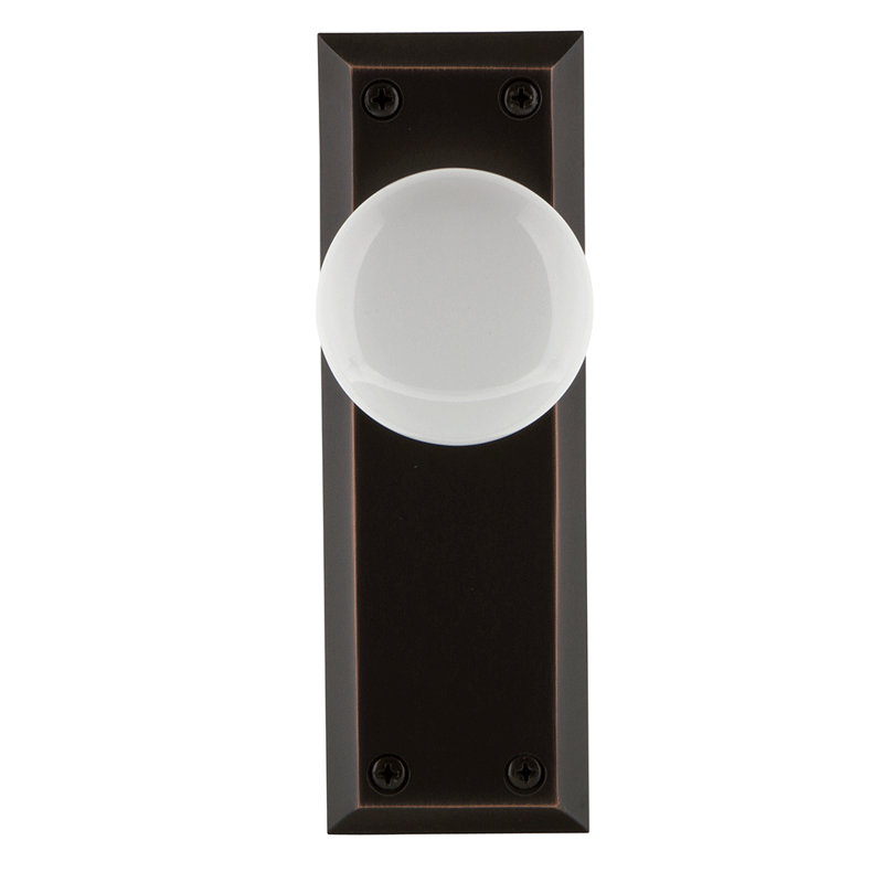 New York Plate with White Porcelain Door Knob, Timeless Bronze, 2-3/4”