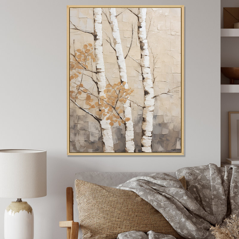 Beige minimalisme arbre bouleau III sur toile, H 44 po x l 34 po x P 1,5 po, Cadre flottant naturel