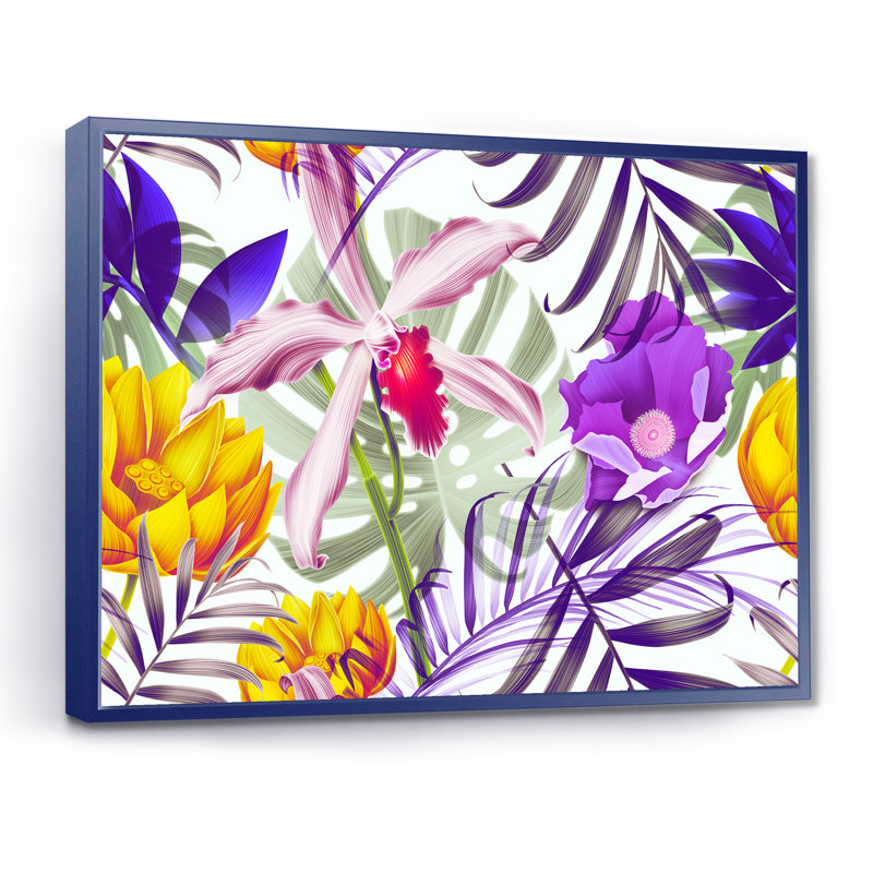 Fleurs tropicales rétro - Impression sur toile, H 12 po x l 20 po x p 1 po, Cadre flottant bleu