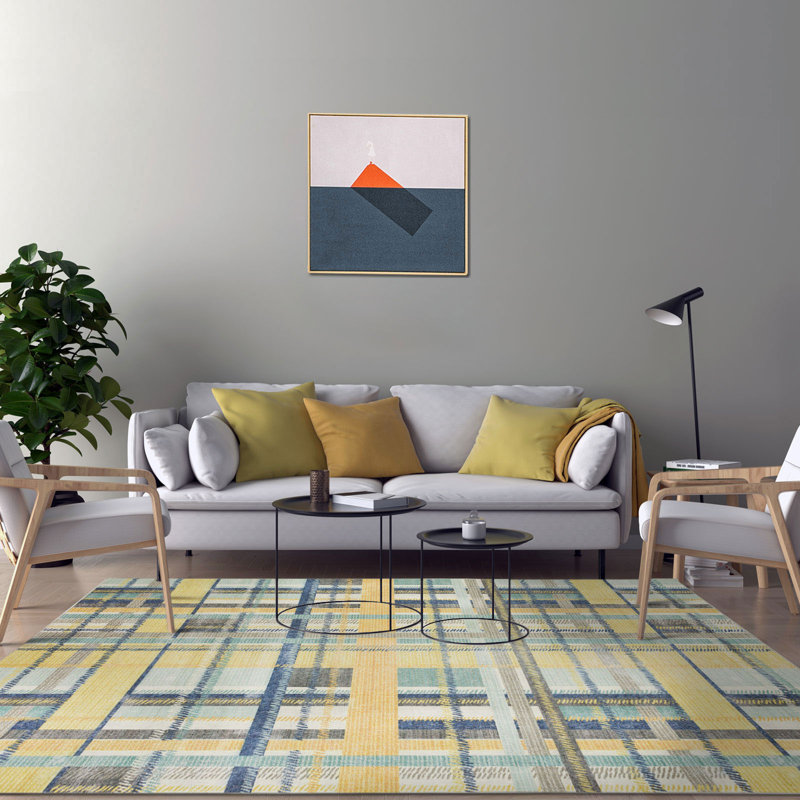 Blue and Yellow Abstract Washable Non-Slip Synthetic Rug