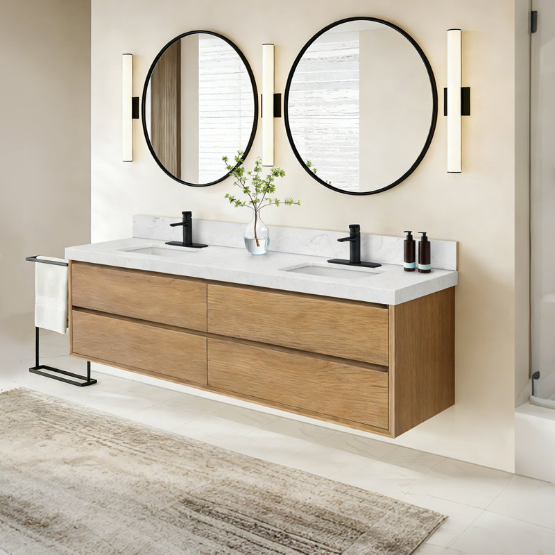 Tiroirs de meuble-lavabo mural Modern, 84", Chêne