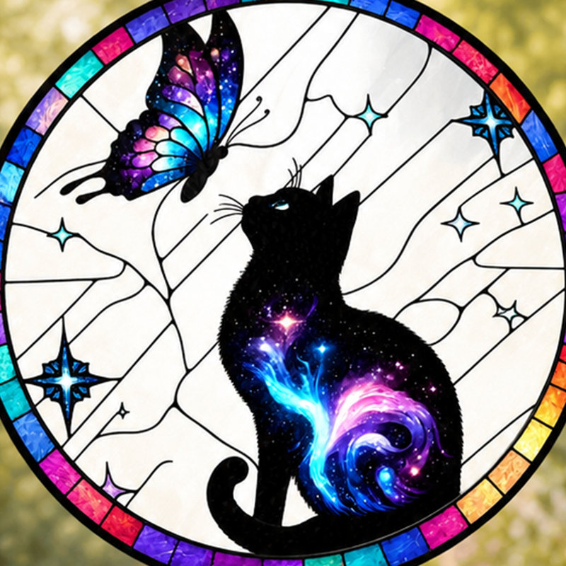 Chat et papillon vitrail, fenêtre colorée suspendue Suncatcher