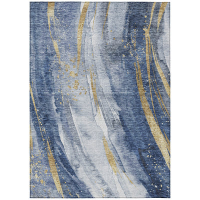 8' X 10' Blue Gold And Ivory Abstract Washable Indoor Outdoor Area Rug
