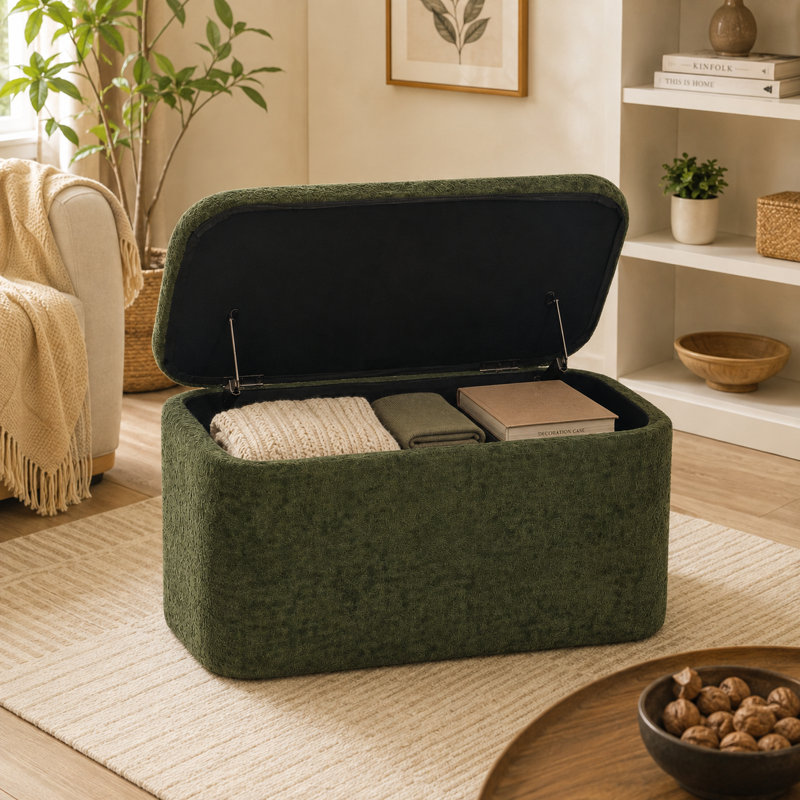 Pouf de rangement rectangulaire en velours de 81 cm pour salon, Vert foncé
