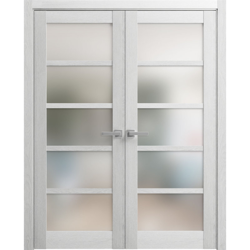 Portes doubles françaises massives en verre dépoli Quadro 4002, en chêne gris pâle, panneaux massifs, cadre et garnitures, portes robustes pour placard ou chambre à coucher, 48 po x 80 po (2 x 24 x 80 po)