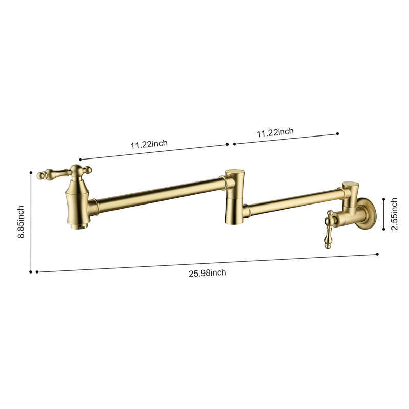 Brushed Gold Pot Filler Faucet Wall Mount - Foldable, 360 Turning, Brass, Double Handles For Flawless Water Flow, Surface, Space Saving Kitchen Fixture High Home Mounted Folding In Rotatable, Simple