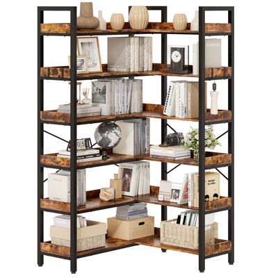 6-Tier L-Shaped Reversible Corner Bookshelf, 65" Rustic Brown Industrial Wood & Metal Bookcase, Wide Open Shelves + 4 Hooks for Living Room/Bedroom/Home Office,Rustic Brown