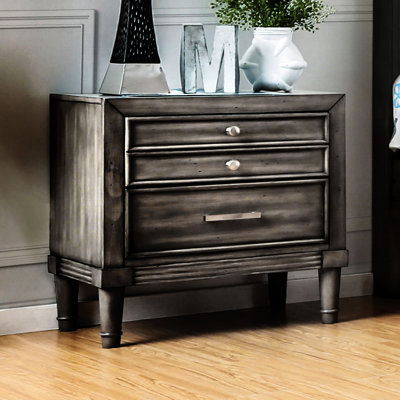 Table de chevet contemporaine en bois massif gris avec tiroir caché et conception double, poignées argentées élégantes, l 23,5 po x P 16 po x H 24 po, table de chevet ronde avec bouton en nickel,
