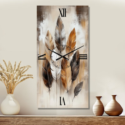 Boho Free Spirit Feathers II - Brown Southwestern Metal Wall Clock