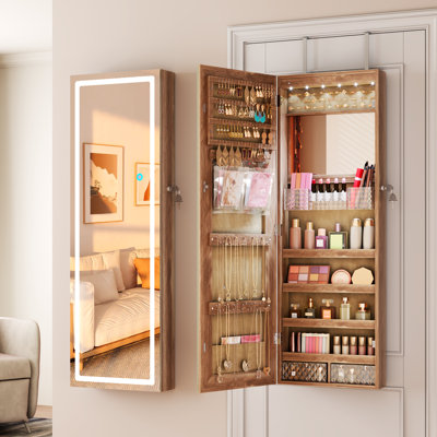 42.5‘’H Jewellery Armoire With Lighted Mirror, Door / Wall Hanging Jewellery Cabinet