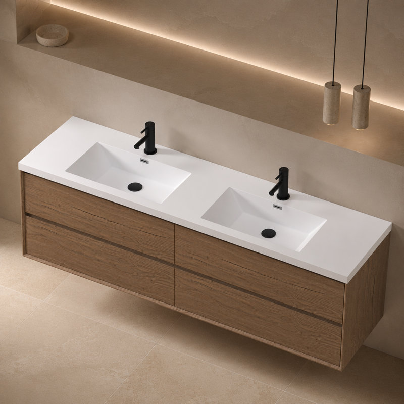 Lavabo de 84 po en résine pour meuble-lavabo, avec deux lavabos rectangulaires encastrés, trou de robinet simple, comptoir de meuble-lavabo seulement