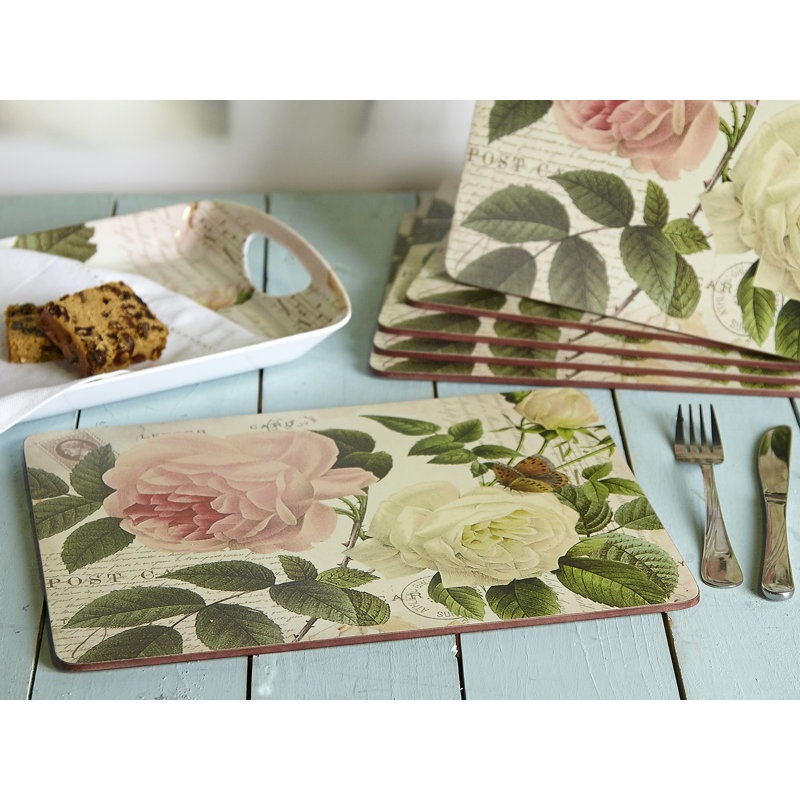 Rose Garden Lacquered With Cork Backing Floral Rectangle Placemat