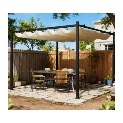 Auvent rétractable d'extérieur facile à installer, polyester blanc crème et structure en métal avec protection solaire UPF30 +