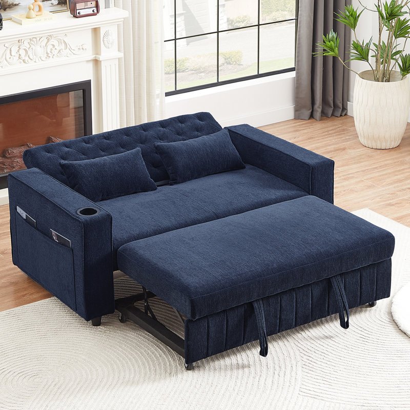 Lit escamotable 61,4 po, bleu avec poches latérales pratiques et ports de charge réglables pour les petits appartements, Bleu