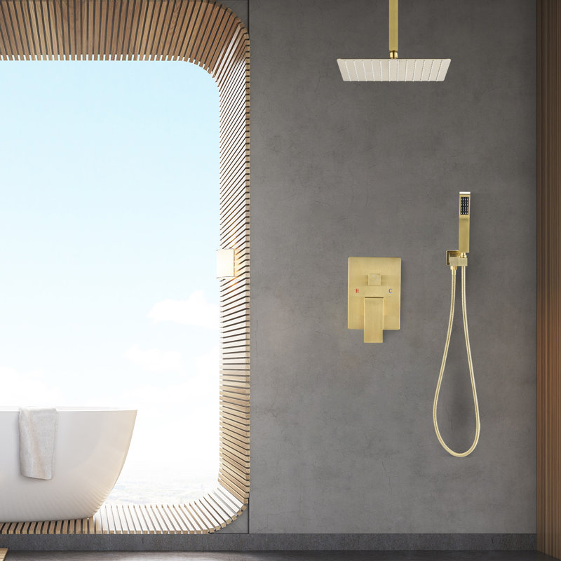 Système de douche de luxe complet à fixation au plafond avec valve brute, Or brossé