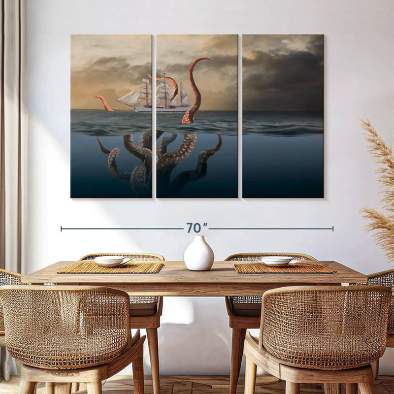 Octopus géant Kelan attaquant un navire, H 42 po x l 65 po
