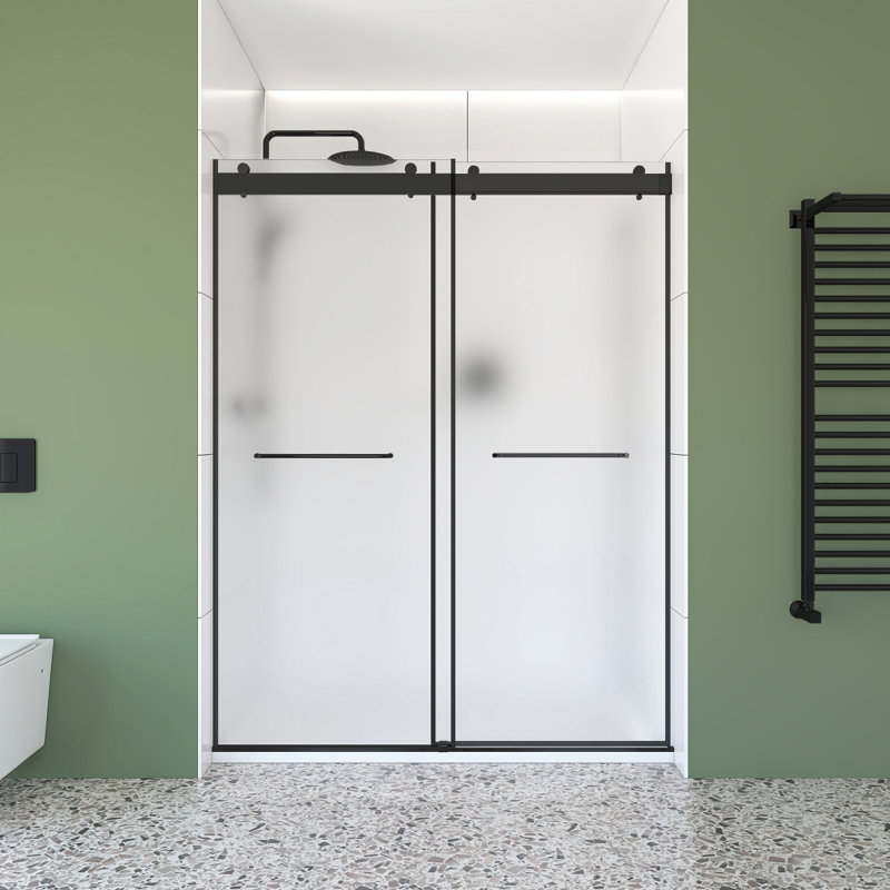 Molly 60" W X 32" D X 76" H Frameless Shower Door Rectangular Shower Kit In Black With Frosted Glass Finish, Black