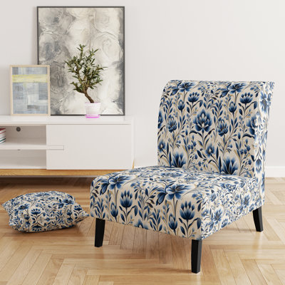 Blue And White Damask Flower - Upholstered Farmhouse Slipper Chair, Rustic Floral Accent Chair